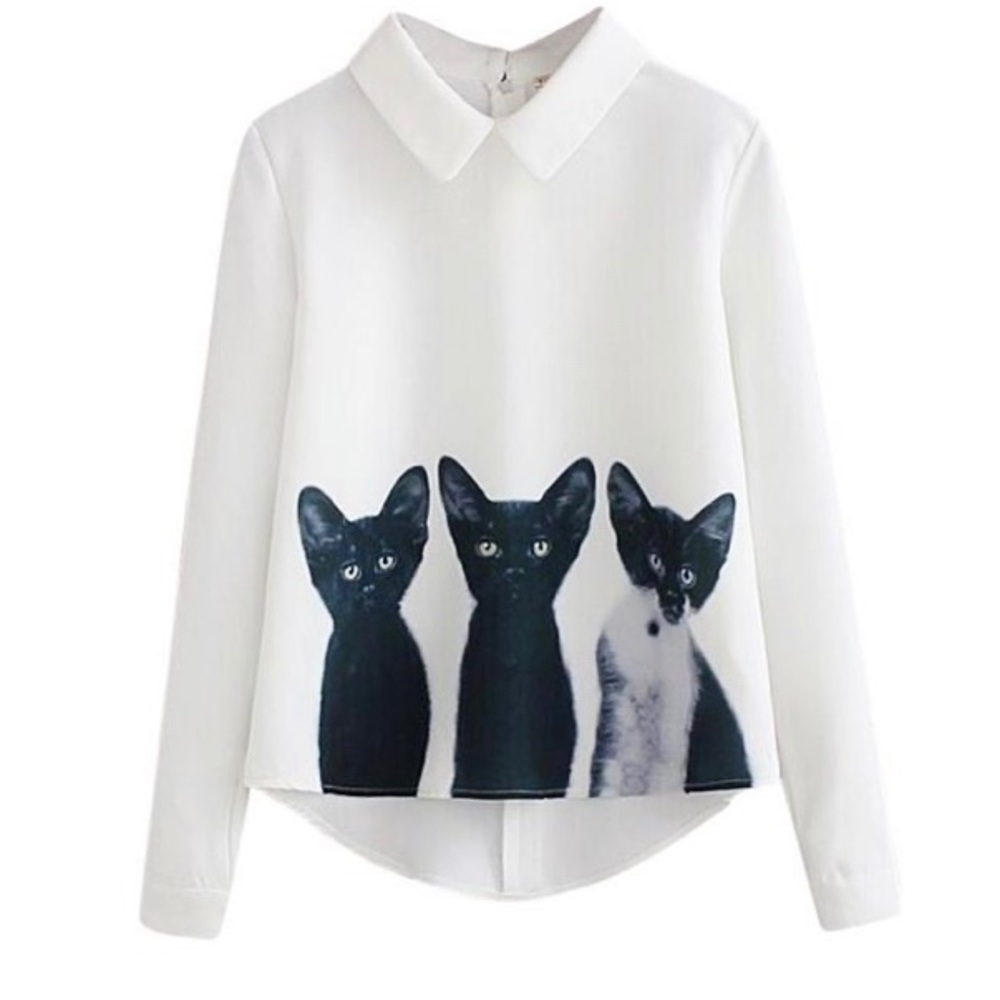 3 Cat Print Collared White Shirt, Blouse Size S/M